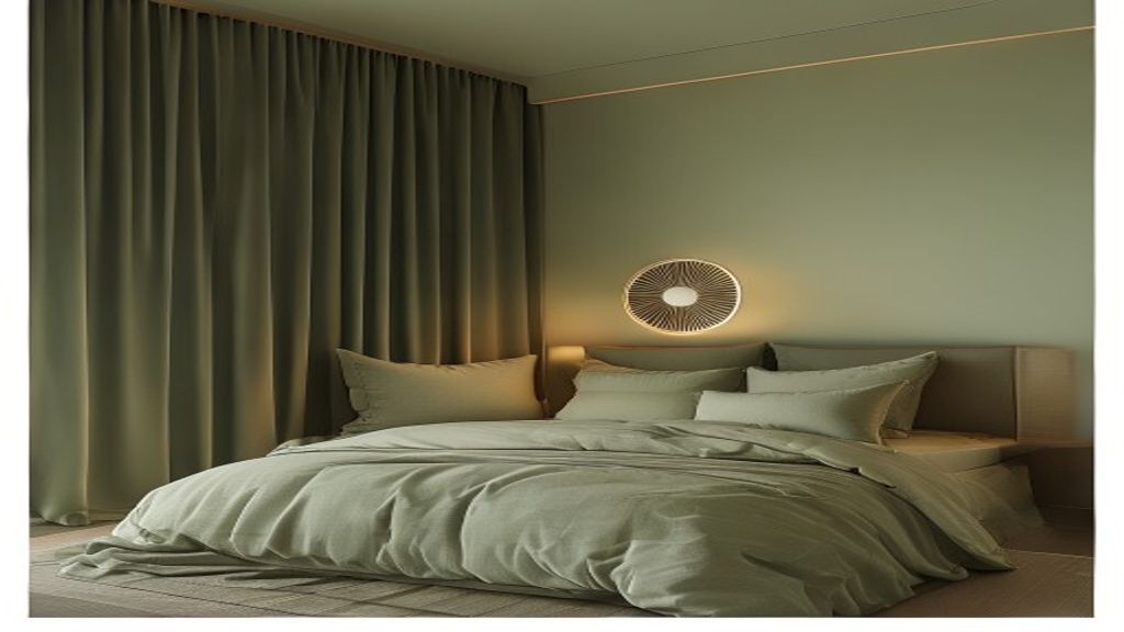 A serene bedroom with soft textures, dim lighting, and a neatly arranged bed in cool tones